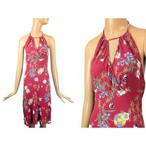 Y2K Red Halter neck slinky dress, Ying Yang print bias cut rayon‎ mini